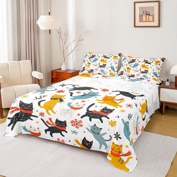 Castle Fairy Cute Cats 3Pcs Twin Sheet Sets for Teens Boys Girls,Cartoon Animal Twin Fitted Sheet,Kawaii Pets Breathable Flat Sheet,Ultra Soft Home Decor