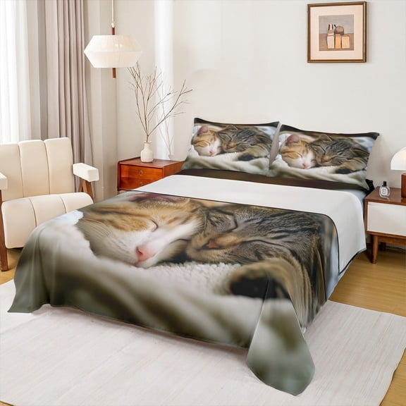 Castle Fairy Cute Cats 4 Pieces Queen Sheet Sets,Kawaii Animal Ultra Soft Flat Sheet,Animal Pet Queen Fitted Sheet,Lightweight Cartoon Room Decor