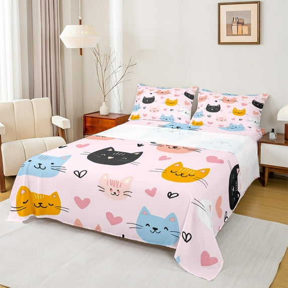 Castle Fairy Cute Cats 4Pcs Bed Sheets for Girls Boys Children,Love Heart Print King Sheets,Kawaii Pets Super Cozy Sheet Set,Ultra Soft Home Decor