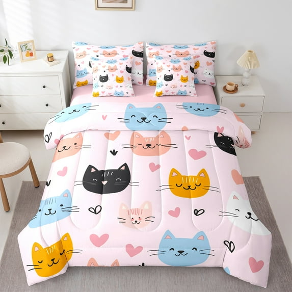 Castle Fairy Cute Cats 7-Piece Twin Bedding Sets for Girls Boys Children,Love Heart Print Bedding Comforter Set,Kawaii Pets Breathable Sheet Sets,Ultra Soft Home Decor