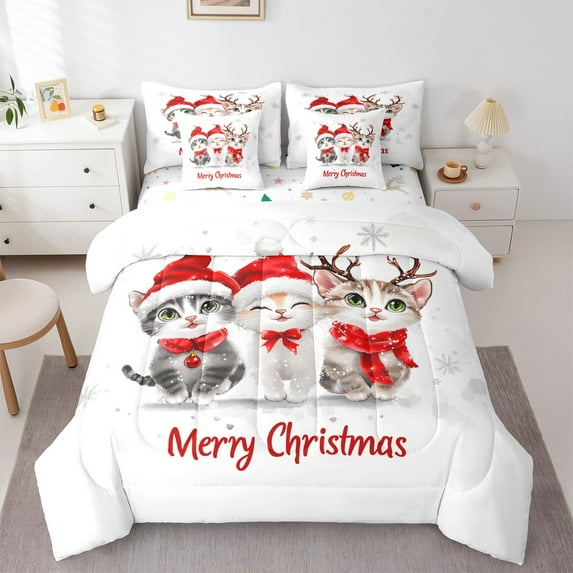 Castle Fairy Cute Cats 7 Pieces Bedding Comforter Set for Kids,Red Bowknot Full Bedding Set Lightweight,Merry Christmas Fitted Sheet Flat Sheet,Lightweight Room Decor