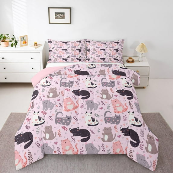 Castle Fairy Cute Cats Bedding Comforter Set 2pcs for Preppy Child,Chic Floral Flowers Twin Comforter Sets Microfiber,Kawaii Animal Breathable Bedding Set,Ultra Soft Home Decor,Reversible