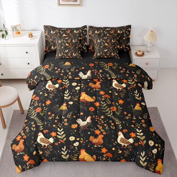 Castle Fairy Cute Chicken Bedding Comforter Set 7-Piece for Kids Children,Chic Floral Flowers King Bedding Sets,Farmhouse Animal Rooster Ultra Soft Bed Sheets,Ultra Soft Home Decor,Reversible