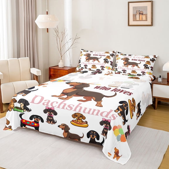 Castle Fairy Cute Dachshund Dogs Twin Sheet Sets 3pcs for Teens Boys Girls,Cartoon Animal Twin Fitted Sheet Microfiber,Kawaii Pets Breathable Flat Sheet,Breathable Home Decor