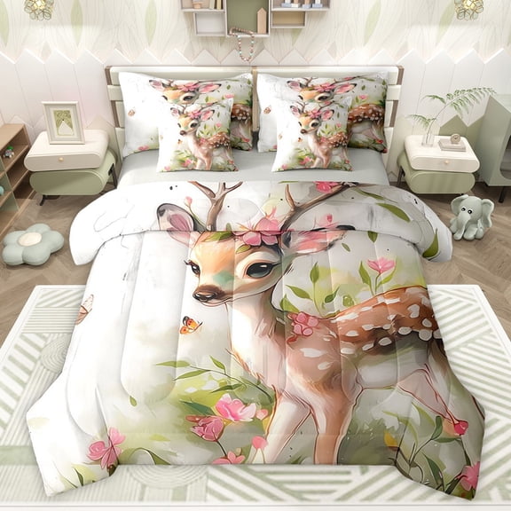 Castle Fairy Cute Deer Butterflies Bedding Comforter Set 7-Piece for Children Teens,Cartoon Woodland Animal King Bedding Sets,Chic Pink Floral Flowers Ultra Soft Bed Sheets,Luxury Bedroom Decor
