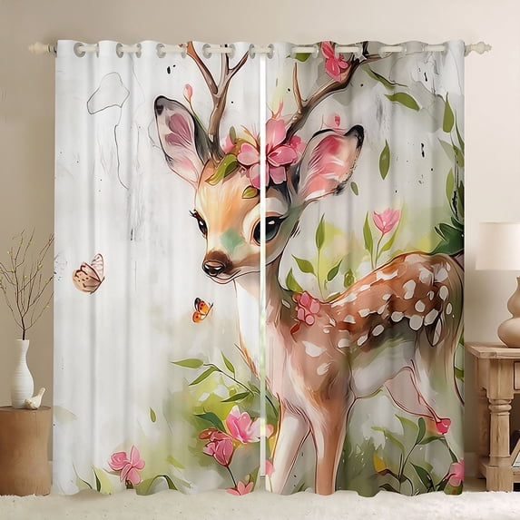 Castle Fairy Cute Deer Butterflies Blackout Curtains Set of 2 (52x84 Each) for Children Teens,Cartoon Woodland Animal Window Curtains,Chic Pink Floral Flowers Curtains and Drapes