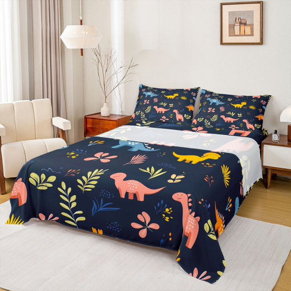 Castle Fairy Cute Dino Full Size Sheets,Jungle Wildlife Dinosaur Bed Sheets