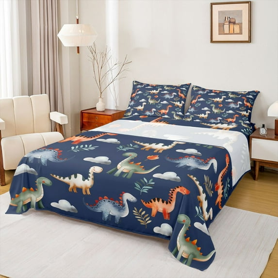 Castle Fairy Cute Dinosaur Queen Sheet Sets for Kids Teens,Cartoon Wildlife Dino Bed Set