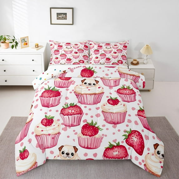 Castle Fairy 2-Piece Twin Comforter Set with Cute Dog Strawberry Cake Design