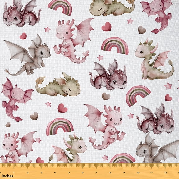 Castle Fairy Cute Dragon Fabric by the Yard 2 Yard,Cartoon Rainbow Sewing Fabric,Love Heart Print Home Decor Fabric by the Yard,Lightweight Cartoon Room Decor