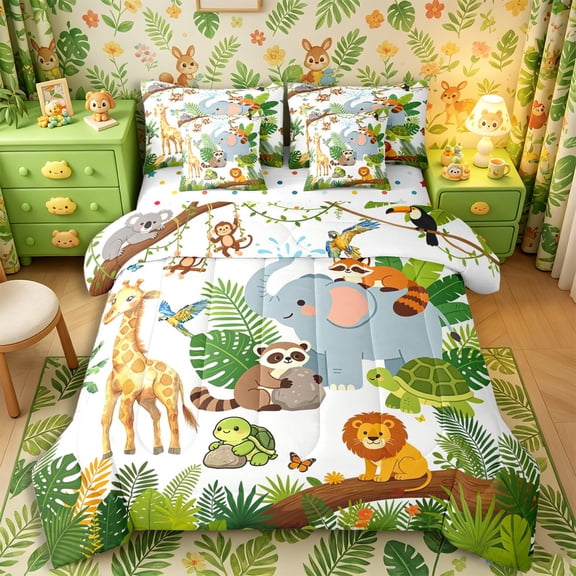 Castle Fairy Cute Elephant Giraffe Lion Full Size Bedding Sets 7 Pieces,Tropical Tree Leaves Full Size Bed in a Bag,Green Brown White,Reversible