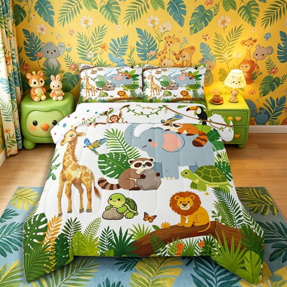 Castle Fairy Cute Elephant Giraffe Lion Full Size Comforter Sets 3-Piece,Tropical Tree Leaves Bedding Comforter Set,Green Brown White,Reversible,1 Comforter and 2 Pillowcases