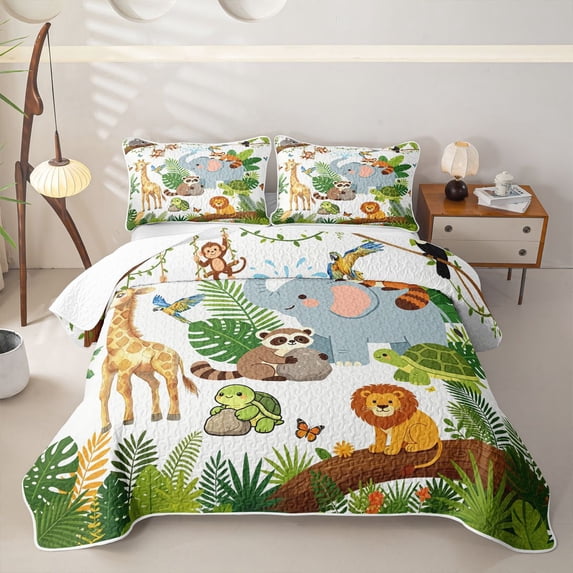 Castle Fairy Cute Elephant Giraffe Lion Quilt King,Tropical Tree Leaves King Coverlet Set,Green Brown White