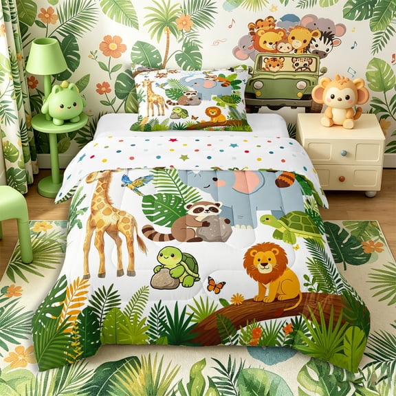Castle Fairy Cute Elephant Giraffe Lion Twin Comforter Sets 2pcs,Tropical Tree Leaves Bedding Set,Green Brown White,Reversible,1 Comforter and 1 Pillowcase