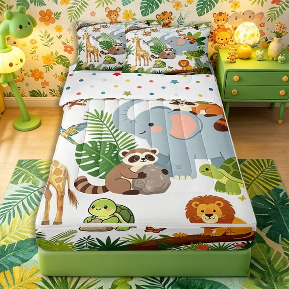Castle Fairy Cute Elephant Giraffe Lion Zipper Twin Comforter Sets with Fitted Sheet and 2 Pillowcases,Tropical Tree Leaves Zipper Bedding Set,Green Brown White,Reversible,4-Piece