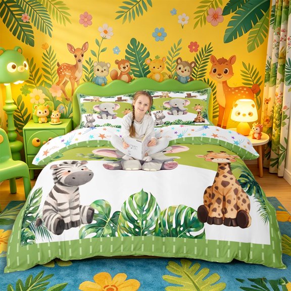 Castle Fairy Cute Elephant Giraffe Zebra Bedding for Boys,Watercolor Tropical Leaf Duvet Cover Full,Green White,Reversible,3pcs,No Comforter,1 Duvet Cover and 2 Pillowcases