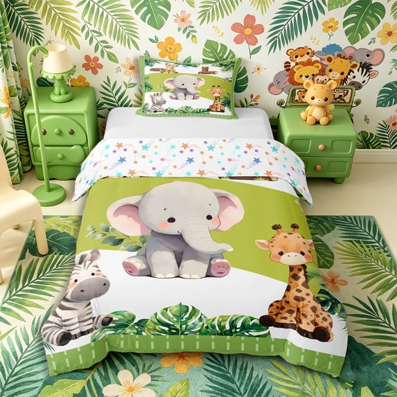 Castle Fairy Cute Elephant Giraffe Zebra Twin Duvet Cover for Boys,Watercolor Tropical Leaf Twin Bedding,Green White,Reversible,2pcs,No Comforter,1 Duvet Cover and 1 Pillowcase