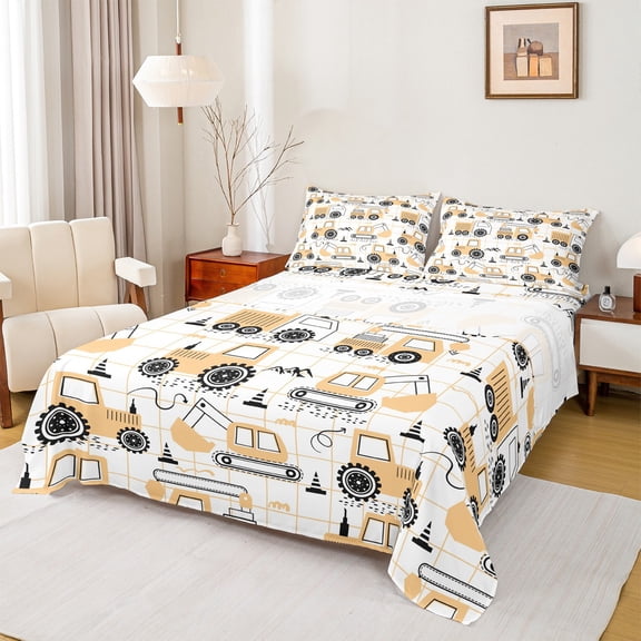 Castle Fairy Cute Excavator 3pcs Twin Sheet Sets for Child,Geometric Lattice Twin Fitted Sheet,Black Green Breathable Flat Sheet,Lightweight Room Decor