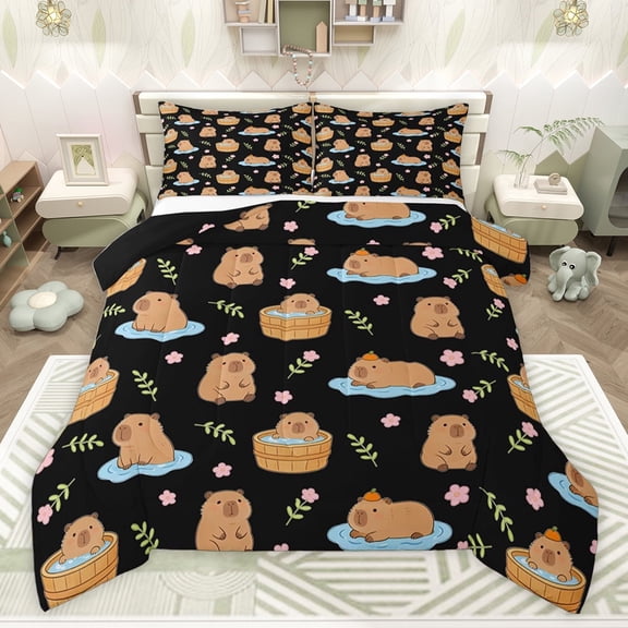Castle Fairy Cute Floral Capybara Full Size Comforter Sets,Kawaii Animal Bedding Sets