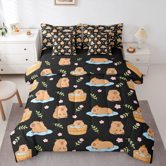 Castle Fairy Cute Floral Capybara Twin Bedding Sets,Kawaii Animal Bedding Comforter Set