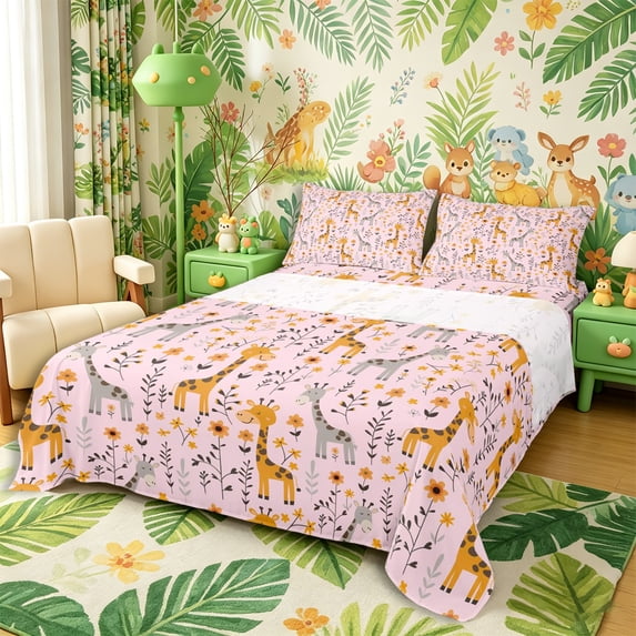 Castle Fairy Cute Floral Giraffe King Sheets 4pcs,Cartoon Flower Wildlife Bedding,Orange Blush Pink,1 Fitted Sheet, 1 Flat Sheet and 2 Pillowcases