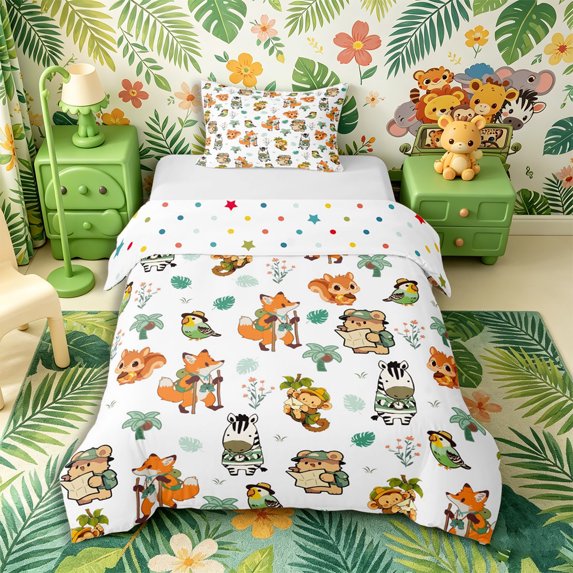 Castle Fairy Cute Fox Bear Monkey Zebra Twin Duvet Cover,Happy Camping Animal Twin Bedding,Off White Green,Reversible,2pcs,No Comforter,1 Duvet Cover and 1 Pillowcase