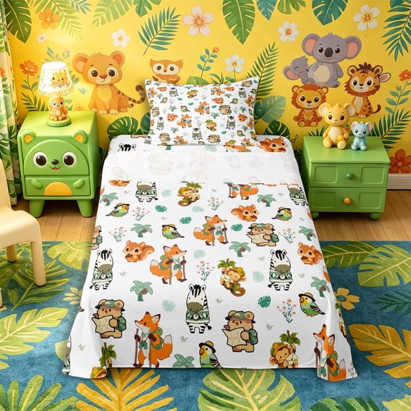 Castle Fairy Cute Fox Bear Monkey Zebra Twin Sheets 3pcs,Happy Camping Animal Bedding,Off White Green,1 Fitted Sheet, 1 Flat Sheet and 1 Pillowcase