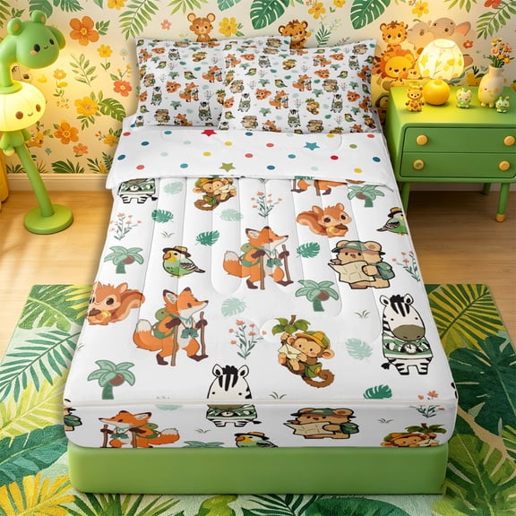 Castle Fairy Cute Fox Bear Monkey Zebra Zipper Queen Comforter Set with Fitted Sheet and 2 Pillowcases,Happy Camping Animal Zipper Bedding Set,Off White Green,Reversible,4 Pieces