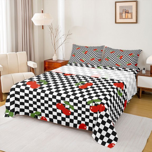 Castle Fairy Cute Fruit Cherry Bed Sheets,Vintage Geometric Checkered King Sheets
