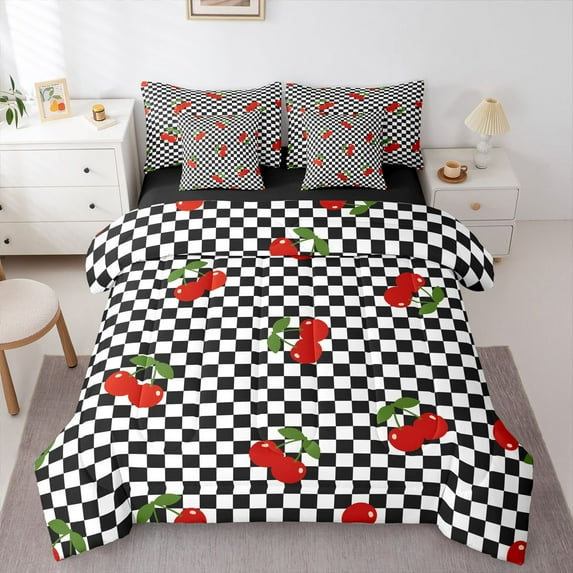 Castle Fairy Cute Fruit Cherry Bedding Comforter Set,Geometric Checkered King Bedding Sets