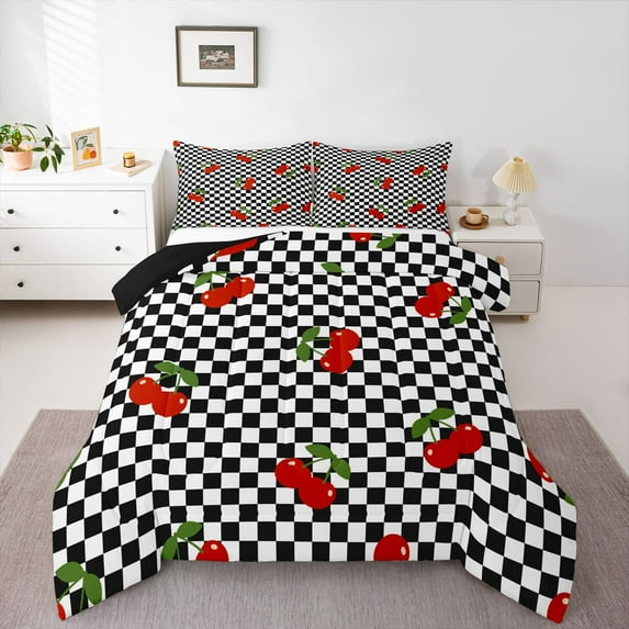 Castle Fairy Cute Fruit Cherry Full Size Comforter Sets,Vintage Checkered Bedding Sets