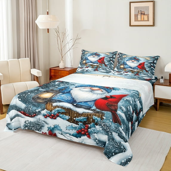 Castle Fairy Cute Gnome Cardinal Bird 3Pcs Twin Sheet Sets for Kids Children Boys Girls,Merry Christmas Twin Fitted Sheet,Xmas Festival Theme Breathable Flat Sheet,Super Cozy Room Decor