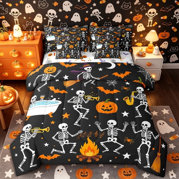 Castle Fairy Cute Gothic Skeleton 7-Piece Twin Bedding,Halloween Pumpkin Bat Bedding Comforter Set,Orange White Black,Reversible