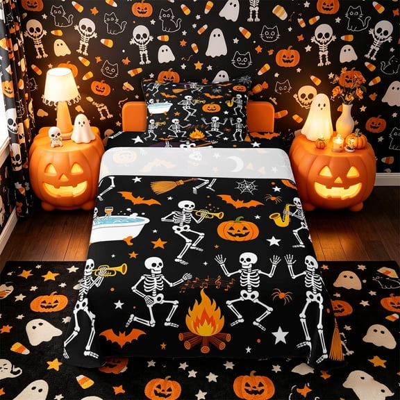 Castle Fairy Cute Gothic Skeleton Twin Sheets 3pcs,Halloween Pumpkin Bat Bedding,Orange White Black,1 Fitted Sheet,1 Flat Sheet and 1 Pillowcase