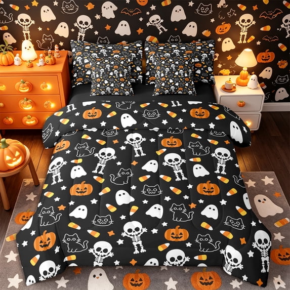 Castle Fairy Cute Halloween 7-Piece Twin Bedding,Ghost Pumpkin Cat Skeleton Allover Bedding Comforter Set,Orange Black,Black Reversible