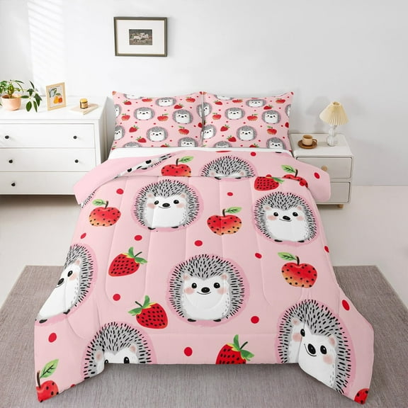 Castle Fairy Cute Hedgehog Girl 2pcs Bedding Comforter Set,Red Strawberry Twin Comforter Sets,Polka Dots Breathable Bedding Set,Ultra Soft Home Decor