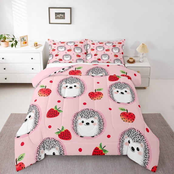 Castle Fairy Cute Hedgehog Girl 3 Pieces Queen Comforter Set,Red Strawberry Ultra Soft Bedding Sets,Polka Dots Bedding Comforter Set,Ultra Soft Home Decor