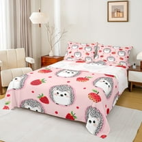 Castle Fairy Cute Hedgehog Girl 3pcs Twin Sheet Sets,Red Strawberry Twin Fitted Sheet,Polka Dots Breathable Flat Sheet,Ultra Soft Home Decor