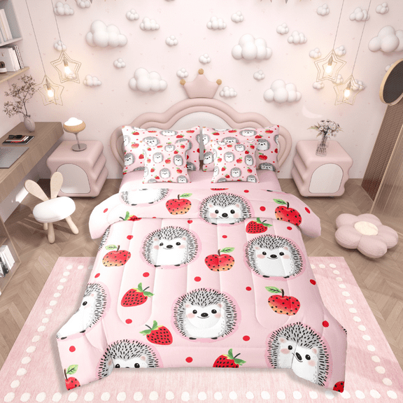 Castle Fairy Cute Hedgehog Girl 7 Pieces Bedding Comforter Set,Red Strawberry Full Bedding Set Lightweight,Polka Dots Fitted Sheet Flat Sheet,Ultra Soft Home Decor