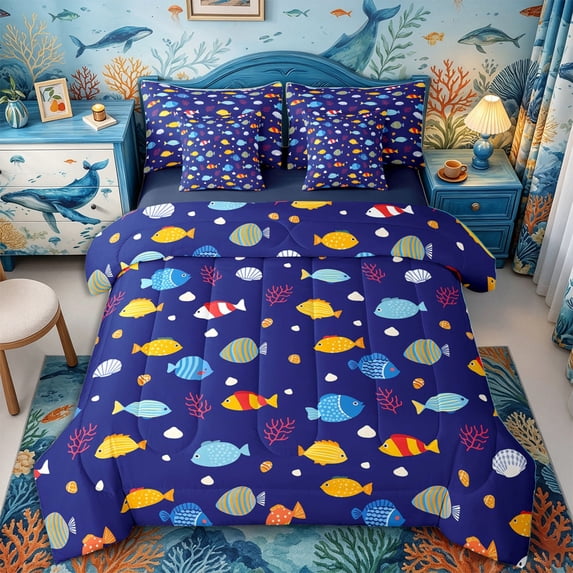 Castle Fairy Cute Kids Tropical Fish Coral 7-Piece Twin Bedding,Seashell Dark Blue Underwater Tile Bedding Comforter Set,Yellow Navy,Navy Blue Reversible