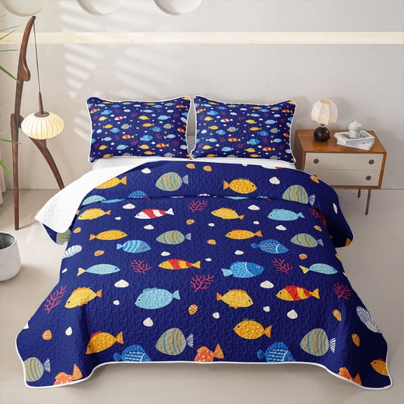 Castle Fairy Cute Kids Tropical Fish Coral Quilt Full,Seashell Dark Blue Underwater Tile Full Bedspread Sets,Yellow Navy
