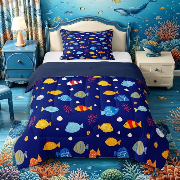 Castle Fairy Cute Kids Tropical Fish Coral Twin Comforter Sets 2pcs,Seashell Dark Blue Underwater Tile Bedding Set,Yellow Navy,Navy Blue Reversible,1 Comforter and 1 Pillowcase