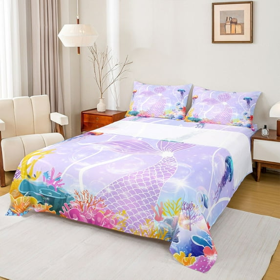 Castle Fairy Cute Mermaid 4 Pieces Queen Sheet Sets for Kids Teens Girls,Ocean Marine Princess Ultra Soft Flat Sheet,Sea Theme Queen Fitted Sheet,Breathable Home Decor