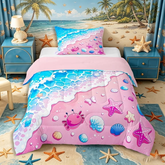 Castle Fairy Cute Pastel Beach Shore Scene Twin Comforter Sets 2pcs,Seashell Crab Wave Kids Pattern Bedding Set,Pink Cyan,Pink Reversible,1 Comforter and 1 Pillowcase