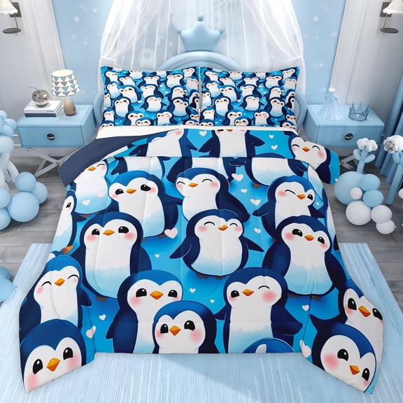 Castle Fairy Cute Penguin Twin Comforter Sets for Child Teens,Cartoon Animal Bedding Set