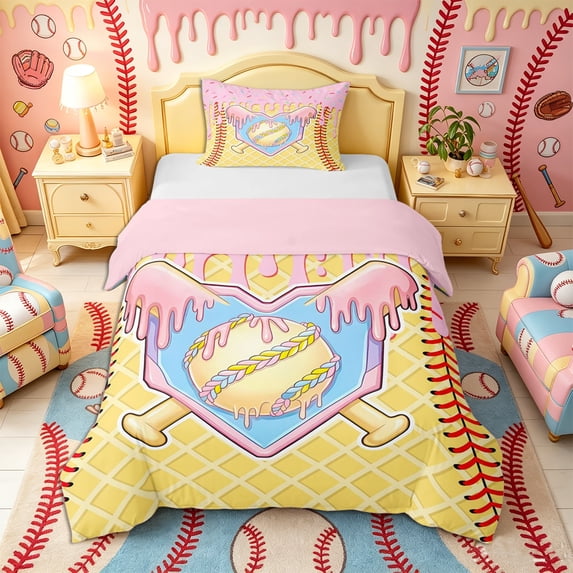 Castle Fairy Cute Pink Baseball Ice Cream Twin Duvet Cover, Sport Theme Twin Bedding, Pink Yellow Blue,Pink Reversible,2pcs,1 Duvet Cover and 1 Pillowcase