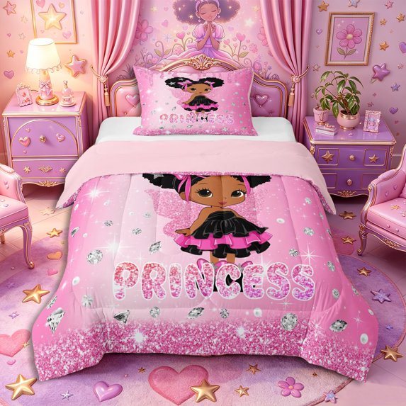 Castle Fairy Cute Pink Elf Twin Comforter Sets 2pcs,Glittering Butterfly Theme Bedding Set,Hot Pink Black Silver,1 Comforter and 1 Pillowcase