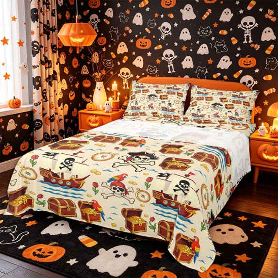 Castle Fairy Cute Pirate Skeleton Bed Sheets 4-Piece,Treasure Chest Sailor Parrot Pattern Full Size Sheets,Cream Blue,1 Fitted Sheet,1 Flat Sheet and 2 Pillowcases