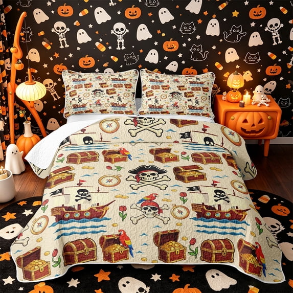 Castle Fairy Cute Pirate Skeleton Quilt King,Treasure Chest Sailor Parrot Pattern King Coverlet Set,Cream Blue