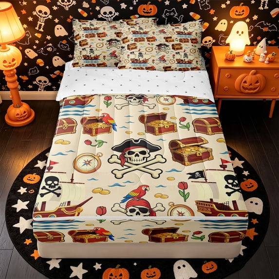 Castle Fairy Cute Pirate Skeleton Zipper Twin Comforter Sets with Fitted Sheet and 2 Pillowcases,Treasure Chest Sailor Parrot Pattern Zipper Bedding Set,Cream Blue,4-Piece,Reversible